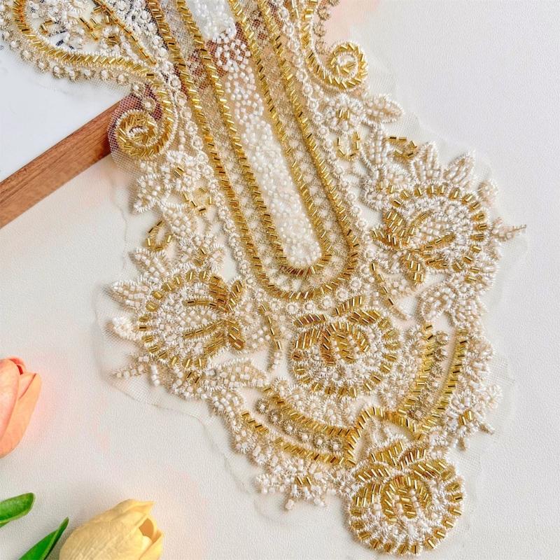 Bestickte Perlen-Applikation für Hochzeitskleid Abendkleid Aufnäher für Kragen Perlen-Aufnäher Spitze-Applikation