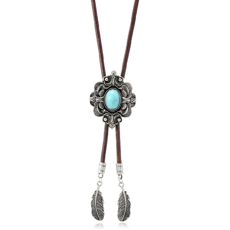 Men Women Western Cowboy Bolo Tie Vintage Floral Stone Pendant Jewelry Leather Rope Necktie Tie Metal Feathered Necklace