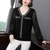 Women's Black Chiffon Spliced Knitted V-Neck Pullover: Loose-Fitting, Long-Sleeved Spring Commuter Top.