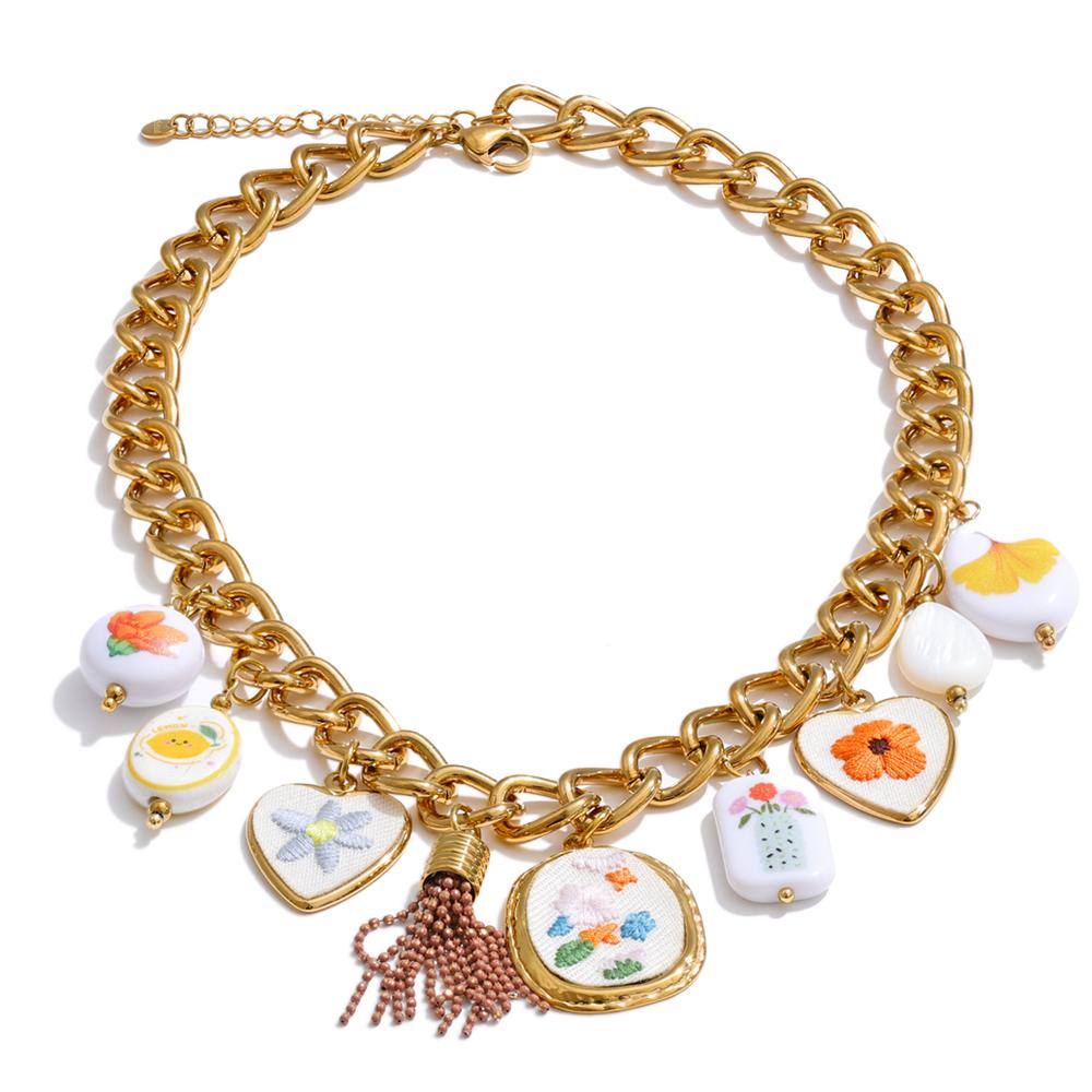 

Yhpup Stainless Steel Embroidery Heart Flower Charms Drop Statement Necklace Spring Summer Exclusive Handmade Jewelry Waterproof