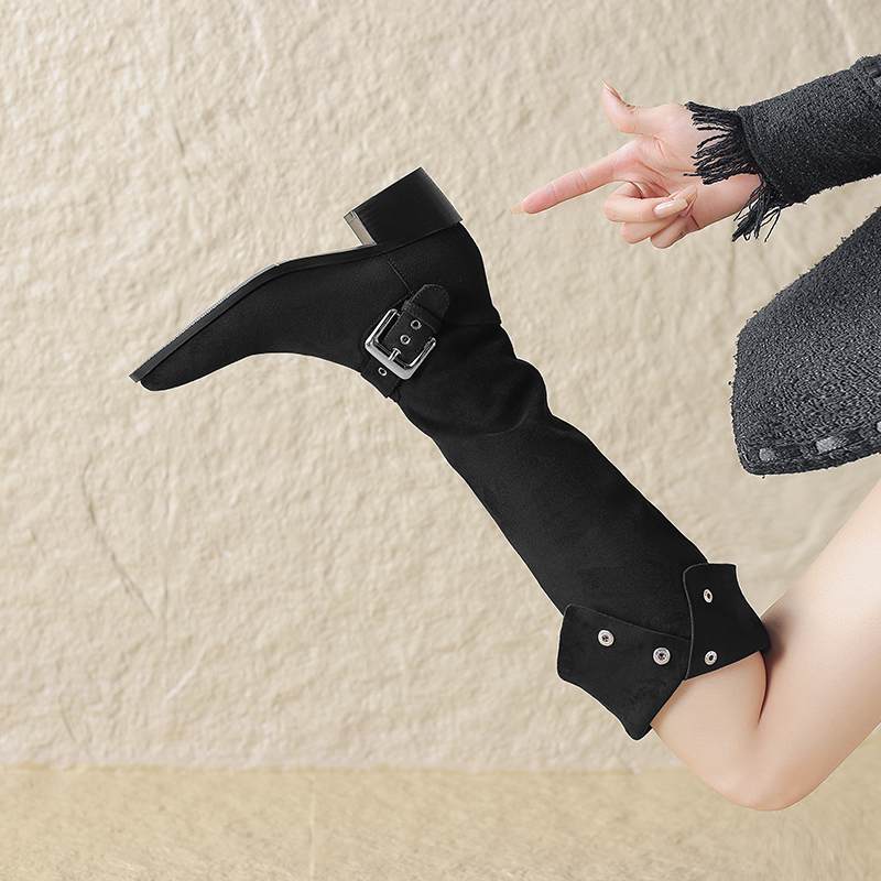 Krazing Pot Zapatos de Microfibra con Pelo Otoño Invierno Tacón Medio Grueso Botas de Montar Remaches Punta Cuadrada Mantener Caliente Botas Altas hasta la Rodilla