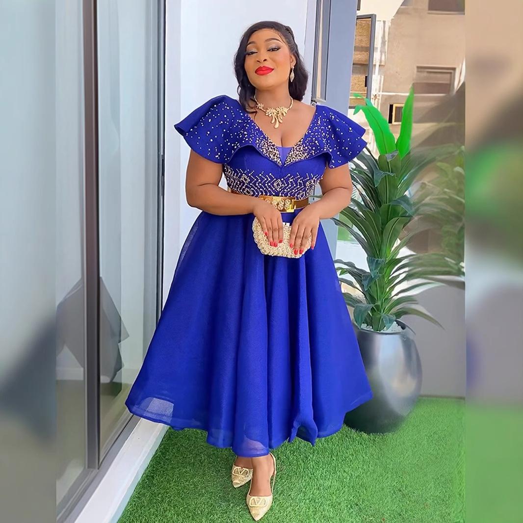 

Женская одежда большого размера с V-образным вырезом, сексуальная юбка на бедрах, с пузырчатым бисером, высокая талия, платье, бесплатный пояс 3XL синий