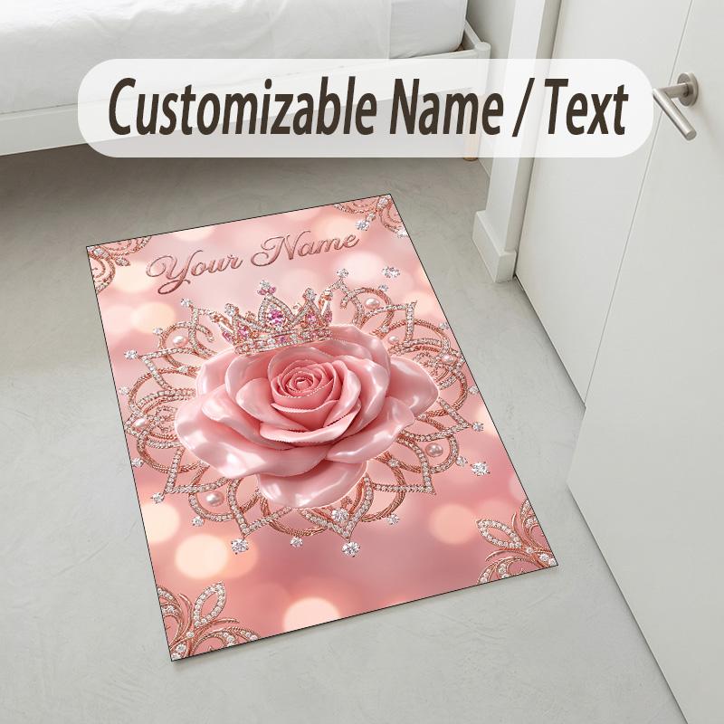 Floral Garden Theme Crystal Velvet Rug Personalized Custom Name Text Soft Floor Mat Home Decor