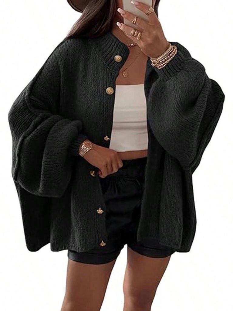 Autumn/Winter Solid Color Knit Button Cardigan with Large Sleeves - Casual Style