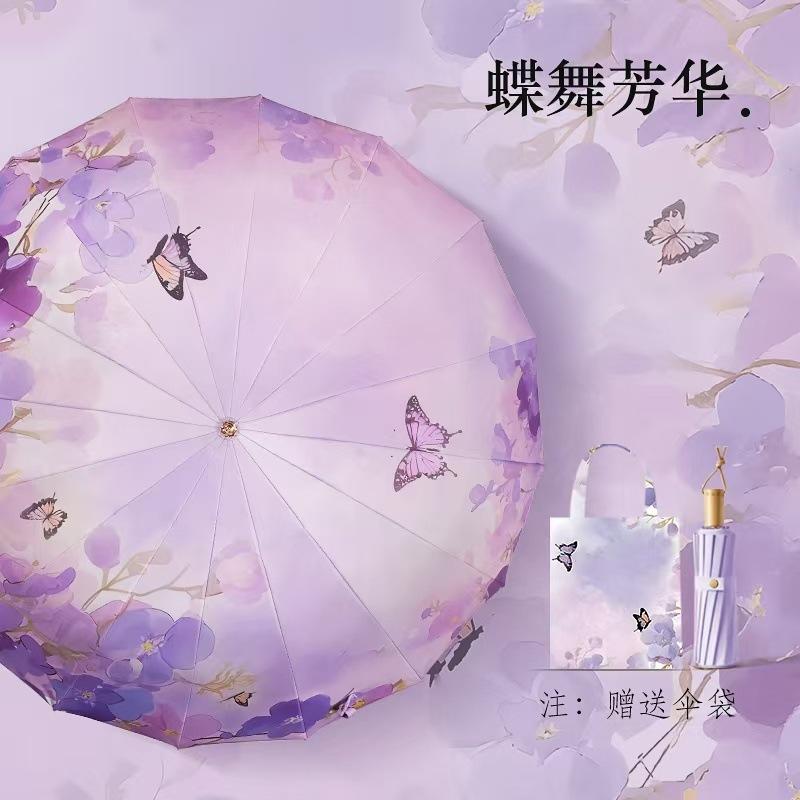 16 Speichen Schirm großer Faltbarer Schirm Wetter und Regen Damen Sonnenschirm Sonnenschutz UV-Schutz Farbleim Sonnenschirm