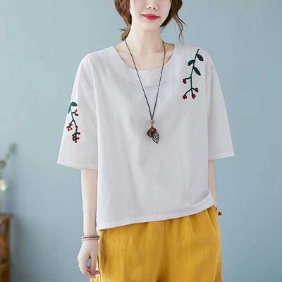 Women's Summer Cotton Linen T Shirt Half Sleeve O Neck Embroidered Blouse