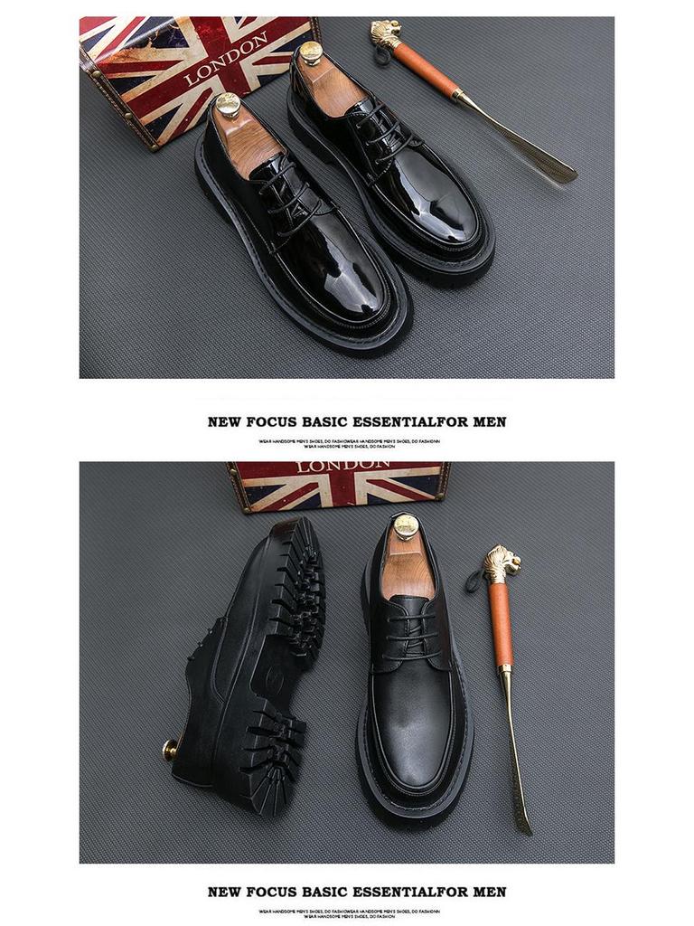 Men's Black British-Style Retro Height-Boosting Leather Shoes - Casual, Low-Top, Wear-Resistant, All-Season