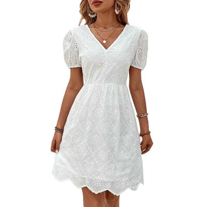 2025 summer new women's clothing v-neck bubble sleeve white dress