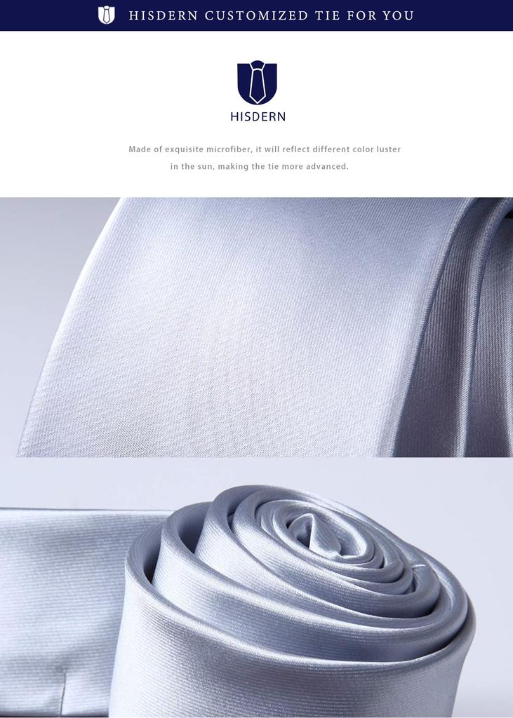 [HISDERN] Wedding Silver Tie and Pocket Square Set for Men, Plain Silk, High-End Brand, Formal, Gift, Business, Entrance Ceremony, Graduation