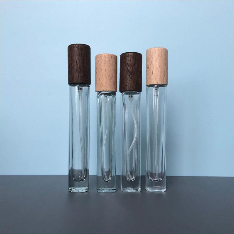 10/15ml Premium Glass Perfume Spray with Walnut Beech Cap, Portable Refillable Travel Atomizer for Cosmetics