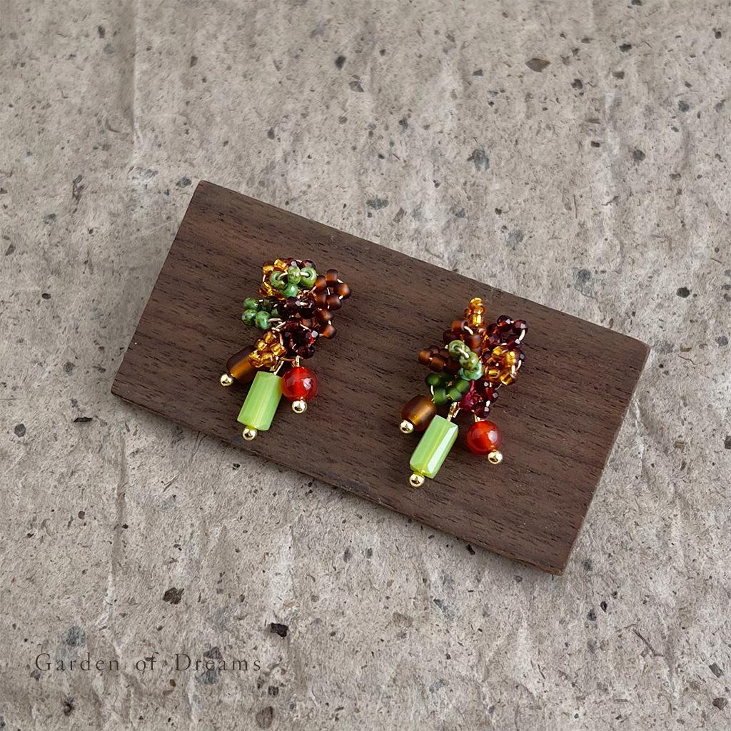 Retro Chinese Beaded Flower Earrings: National Style, Original Color, High-End Design for Women