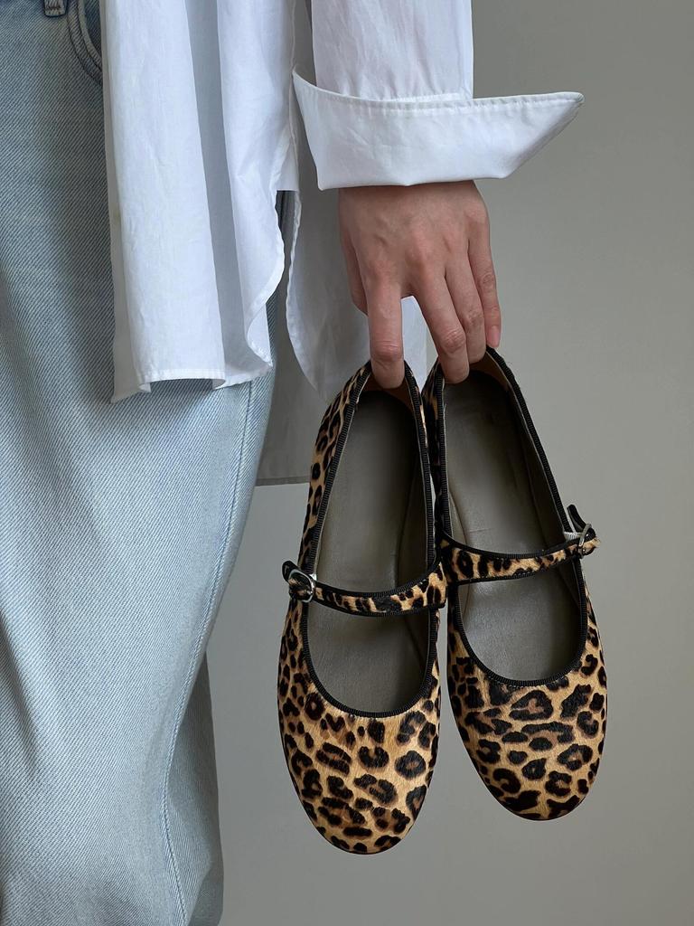 Inner heightening version~ Leather platform leopard print Mary Jane single shoes women's autumn thick heel ballet shoes one-word buckle wedge heel lad