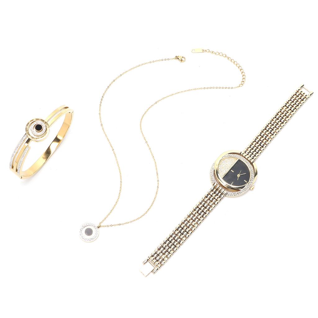 Business Style Women Watch Bracelet Necklace Set Anniversary Birthday Gift Jewelry Set Gold