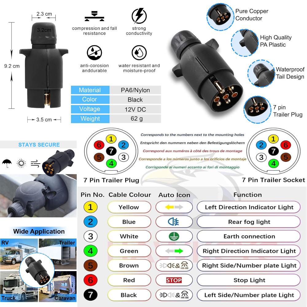 Set Priză și Ștecher 12V cu 7/13 Pini pentru Remorcă Stecher Remorcă Rulotă Priza Rulotă Conector cuplare Remorcă Auto Stecher EU