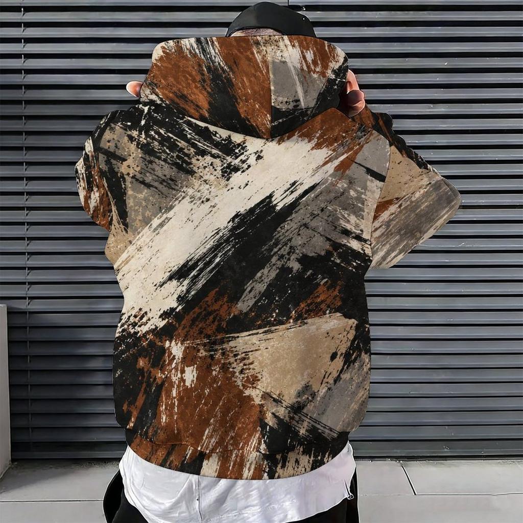 Men Plus Size Green Brown White Tie Dye Printed Long Sleeve Drawstring Hoodie Kangaroo Pocket Pullover