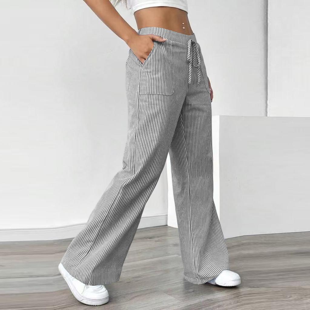 Women's Striped Wide Leg Pants with Elastic Waist and Pockets, Casual Flattering Straight Fit