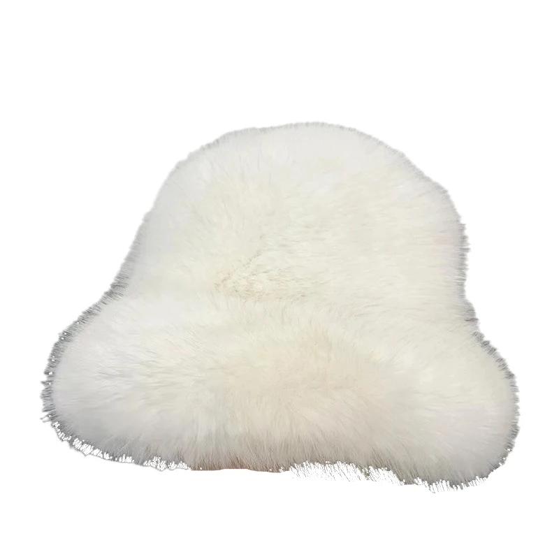 New Autumn Winter Faux Fur Bucket Hat Women'S Wide Brim Solid Color Korean Senior Warm Fisherman Cap Fashion Party Panama Caps