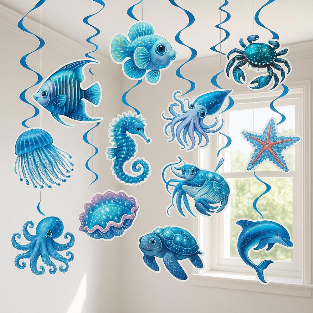 12pcs Festival Hawaiian Spiral Hanging Tag Waterproof Ocean Theme Pendant  Birthday Party Decor