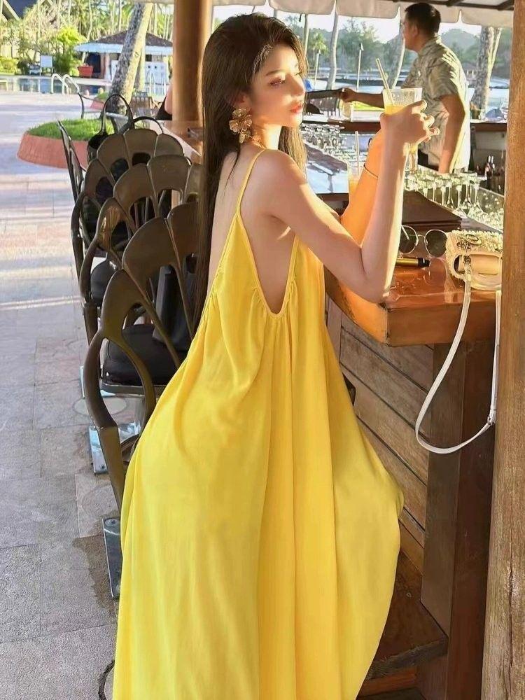 Elegant Yellow Backless Spaghetti Strap Summer Dress for Women