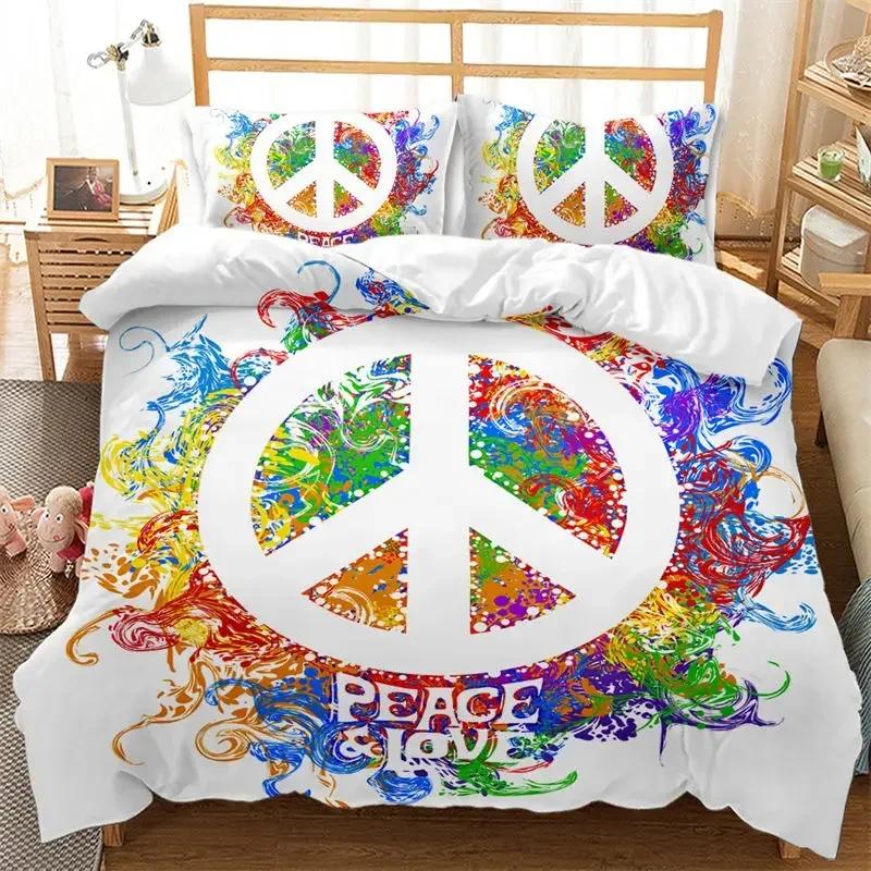 3D Hippie Peace Symbol Colorful Pattern Chic Exotic Flower Comfortable Duvet Cover Pillowcase Bedding Set Children Home Textile