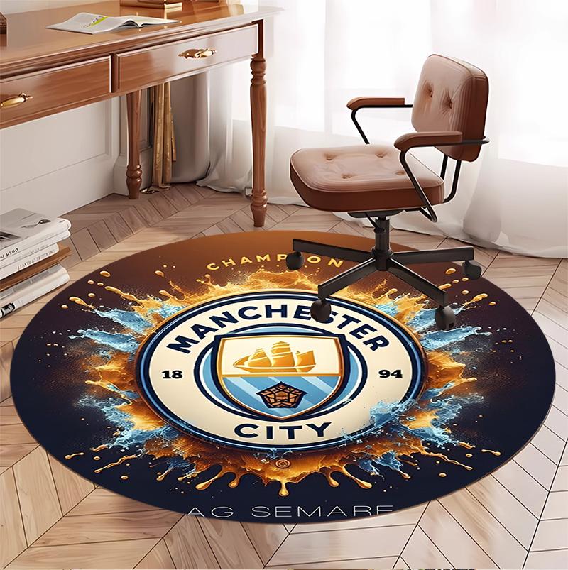 Manchester City FC Pattern Round Rug, Indoor/Outdoor Mat, for Picnic, Gameroom, Bedroom, Office, Living Room, Home Decor Carpet, Birthday Gift