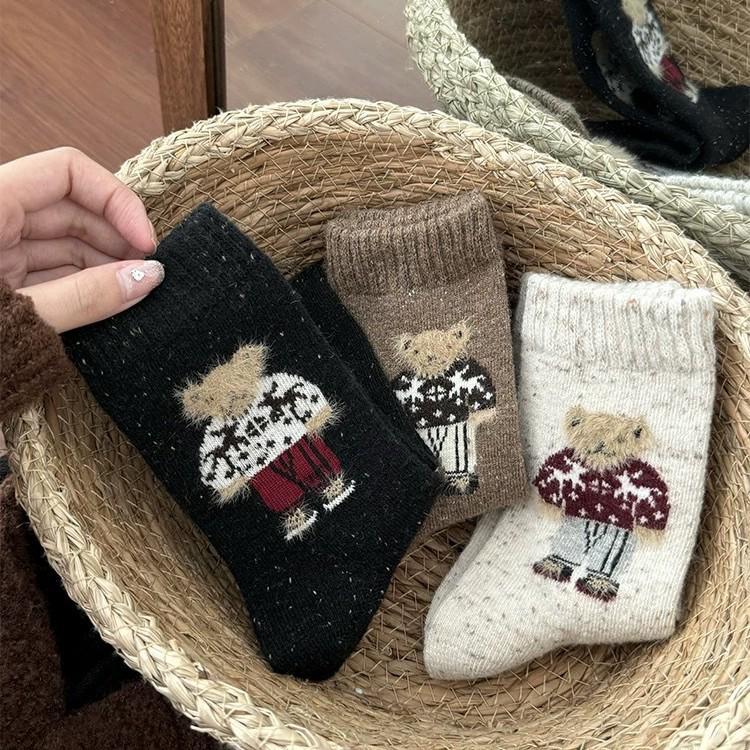 Damen Niedliche Bär Gesprenkelte Mid-Calf Wollsocken – Dick & Warm für Herbst/Winter