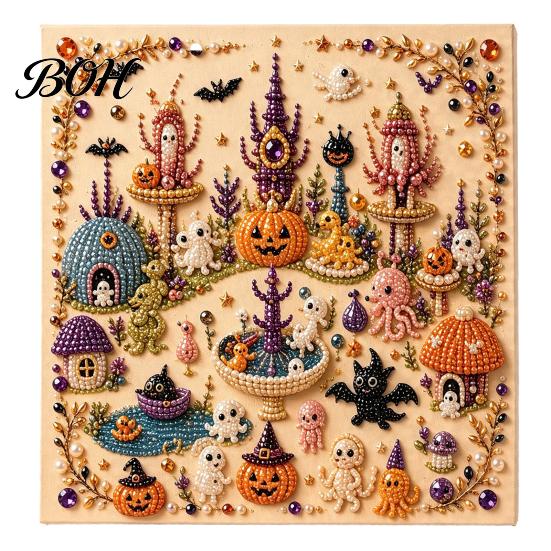 Jesienna Dekoracja Świąteczna Halloween Sztuczna Perła Artystyczna Zestaw DIY, Zestaw Rękodzieła Haftu Koralikowego 3D, Straszny Ręcznie Robiony Duch Dynia Koza Wiedźma Sztuka na Ścianę, Sezonowy