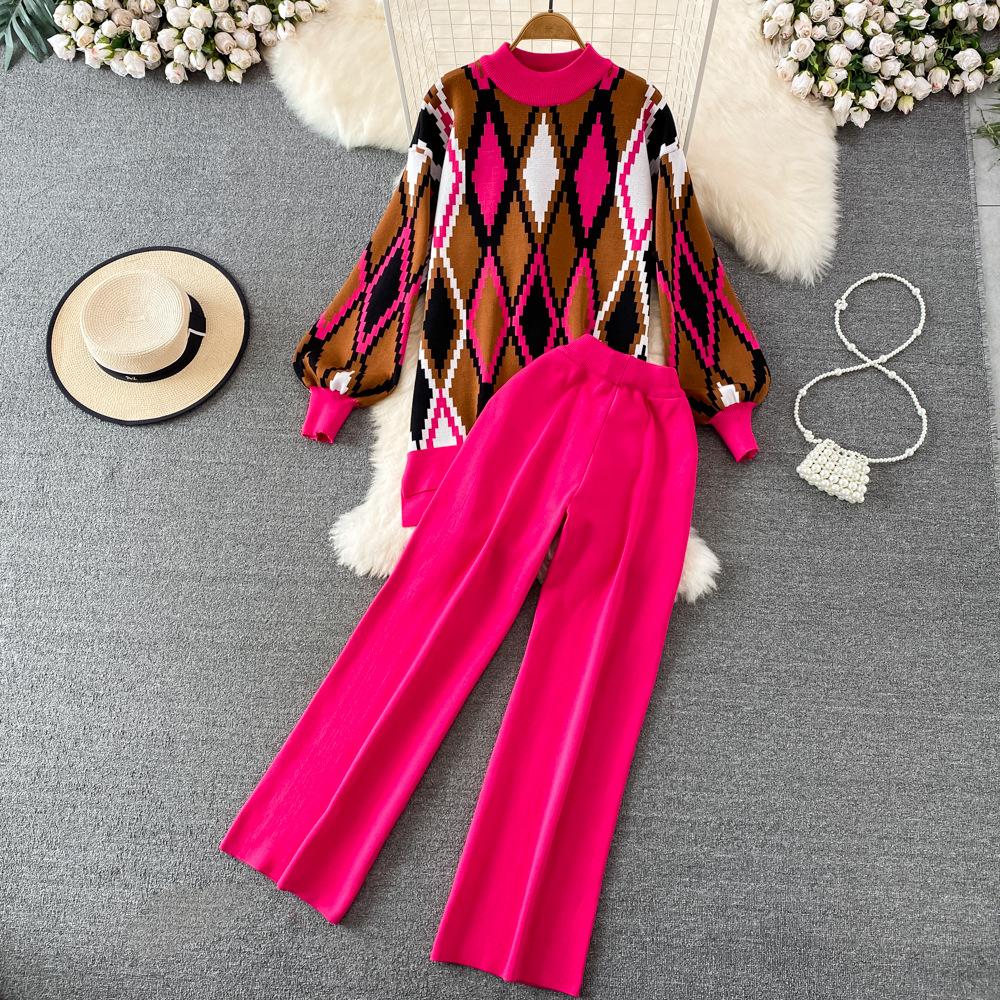 Conjunto de Moda para Mujer Otoño Invierno Suéter Holgado de Manga Larga a Cuadros Conjunto de Dos Piezas Pantalones de Punto Rectos de Pierna Ancha Adelgazantes de Cintura Alta