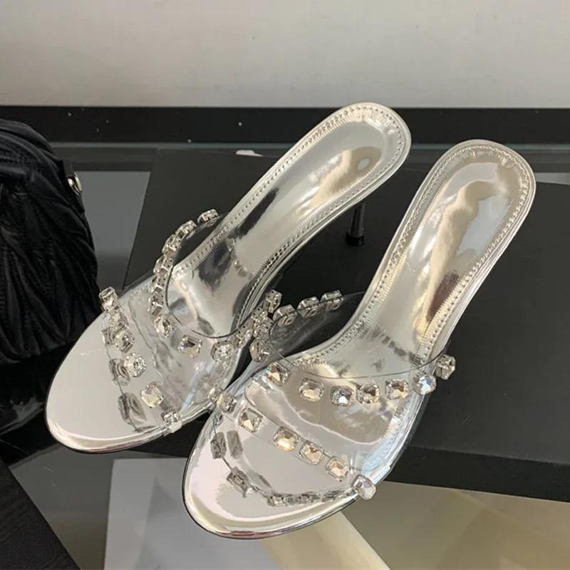 Fashion Silver Rhinestone Design Brand High Heel Slipper Women Transparent PVC Thin Heel Slide Sandal Elegant Fashion Banquet Dress Shoe