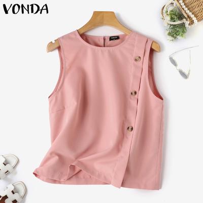 Women's Summer Round Neck Sleeveless Button Solid Color Casual Tank