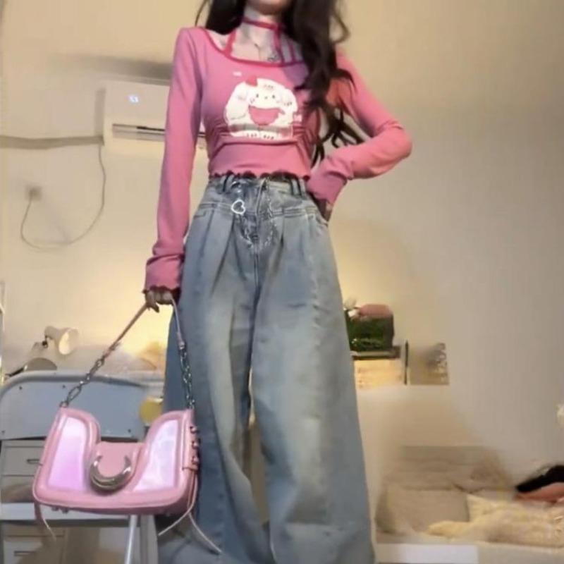 2KWEIRD Sweet Cartoon Print Pleated T-shirt Y2k Aesthetic Asymmetry Fairy Grunge Tshirt Vintage Patchwork Halter Top Harajuku Streetwear