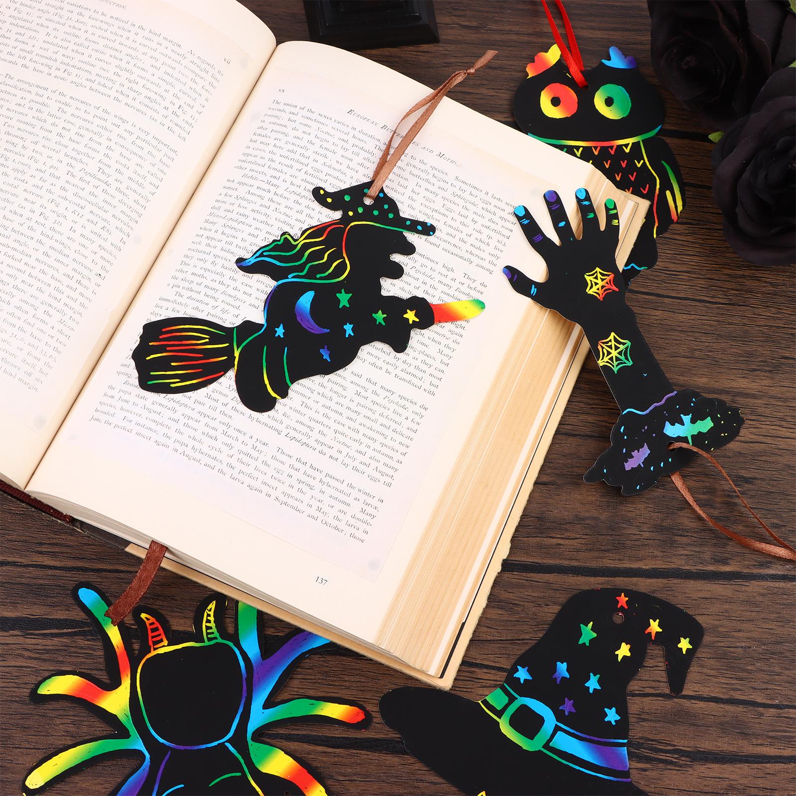 

64Pcs Halloween Scratch Cards Art Magic Rainbow Scratch Cards Halloween Ornaments Hanging Craft Art Kits With Wooden Stick