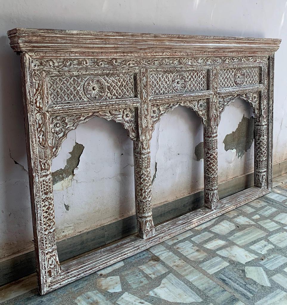 Floral Carved Wooden Jharokha Frame: Indian Heritage Wall Decor