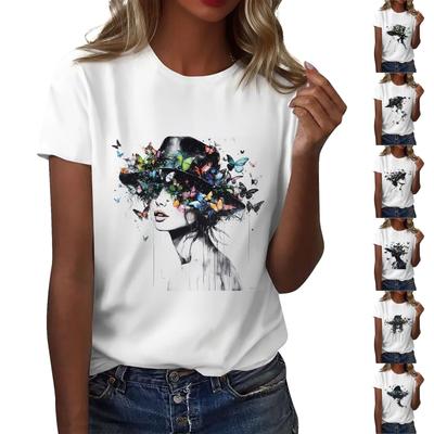 Camiseta feminina casual estampada de manga curta com decote redondo