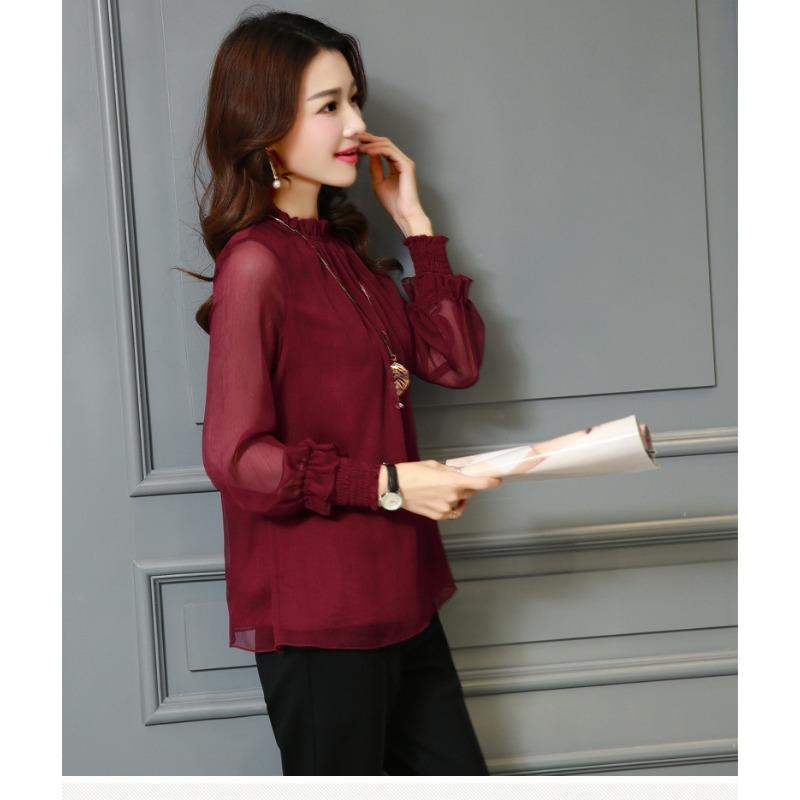 Spring New Lace Chiffon Shirt Women's Mesh Ruffled Stand Collar Long Sleeve Shirt Top