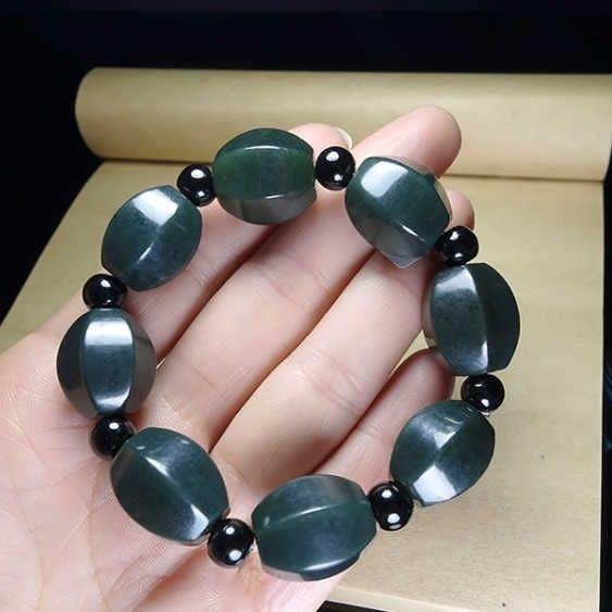 Natural Hetian Jade Bracelet, Green Black Obsidian Gemstone Beads, Faceted Prism Shape Crystal Stone Handmade Jewelry for Men Women