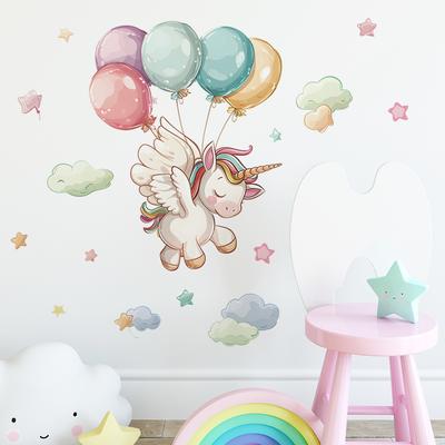 Zábavná samolepka na zeď na pozadí dětského pokoje Fun-e69 Cartoon Unicorn Balloon Cloud