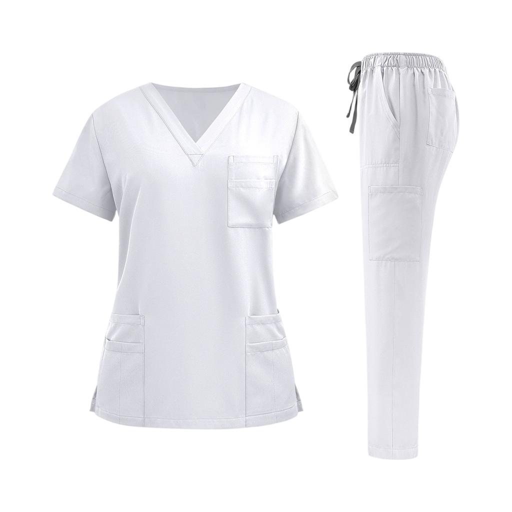 Damen Krankenpfleger Uniform Set Schnelltrocknendes Gewebe V-Ausschnitt Kurzarm Oberteil mit Taschen und Elastischem Bund Lange Hose Medizinische Arbeitskleidung Set