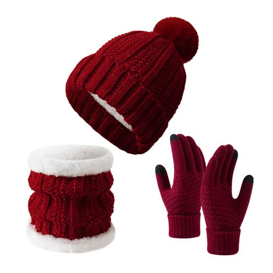 3Pcs/Set Winter Knitted Scarf Gloves Set Pom Pom Ball Fleece Lining Brimless Hat Touchscreen Gloves Neck Warmer Set