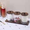 Round Cosmetic Organizers With Natural Wooden Top Transparent Bathroom Storage Container with Wooden Tray
