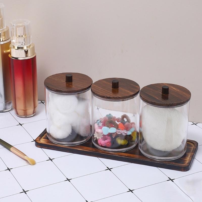 Round Cosmetic Organizers With Natural Wooden Top Transparent Bathroom Storage Container with Wooden Tray