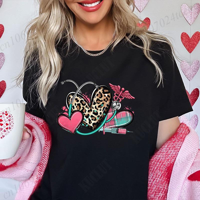 New Women T Shirt Pullover Oversize Valentines Day Love Nurse Print T-Shirt Casual Short Sleeve Women T-Shirt Nurse Tees Gifts