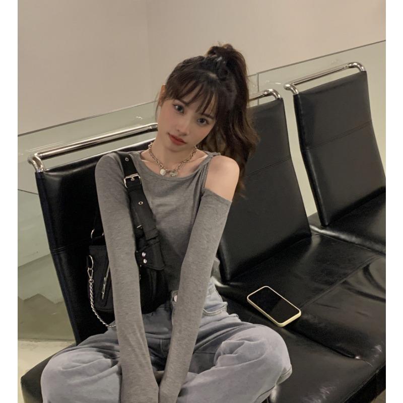 Design Sense Spice Girl Off-shoulder T-shirt Women's New Fall Long Sleeve Slim Base Shirt with A Student Top