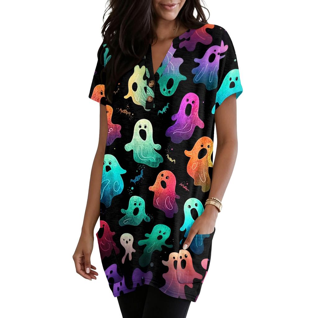 Women V Neck Pullover Top with Halloween Themed Print Short Sleeve Tunic Shirt Casual Loose Fit with Pocket Design