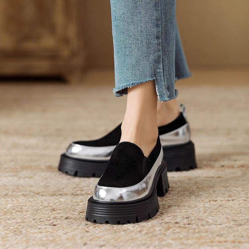 Women's Thick Heel Loafers 2025 Spring Autumn New Chunky Heel Leather Casual Loafers Hot Sale Fashion Round Toe Shoes