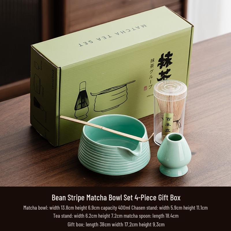 Handmade Japanese Matcha Tea Set with Ceramic Bowl, Bamboo Whisk, Spout, and Chasen Stand