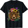 Floral Bear Head Graphic Tee Nature Lover Grizzly Butterfly Print Casual T-Shirt