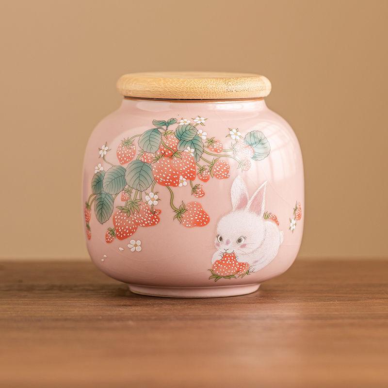 Creative Cute Strawberry Bunny Ceramic Storage Jar Portable Sealed Tea Jar Delicate Cartoon Bunny Storage Container Home Decor