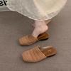 Sheepskin version~ niche French one-word cool slippers women's open-toed square head temperament Roman shoes flat beach shoes