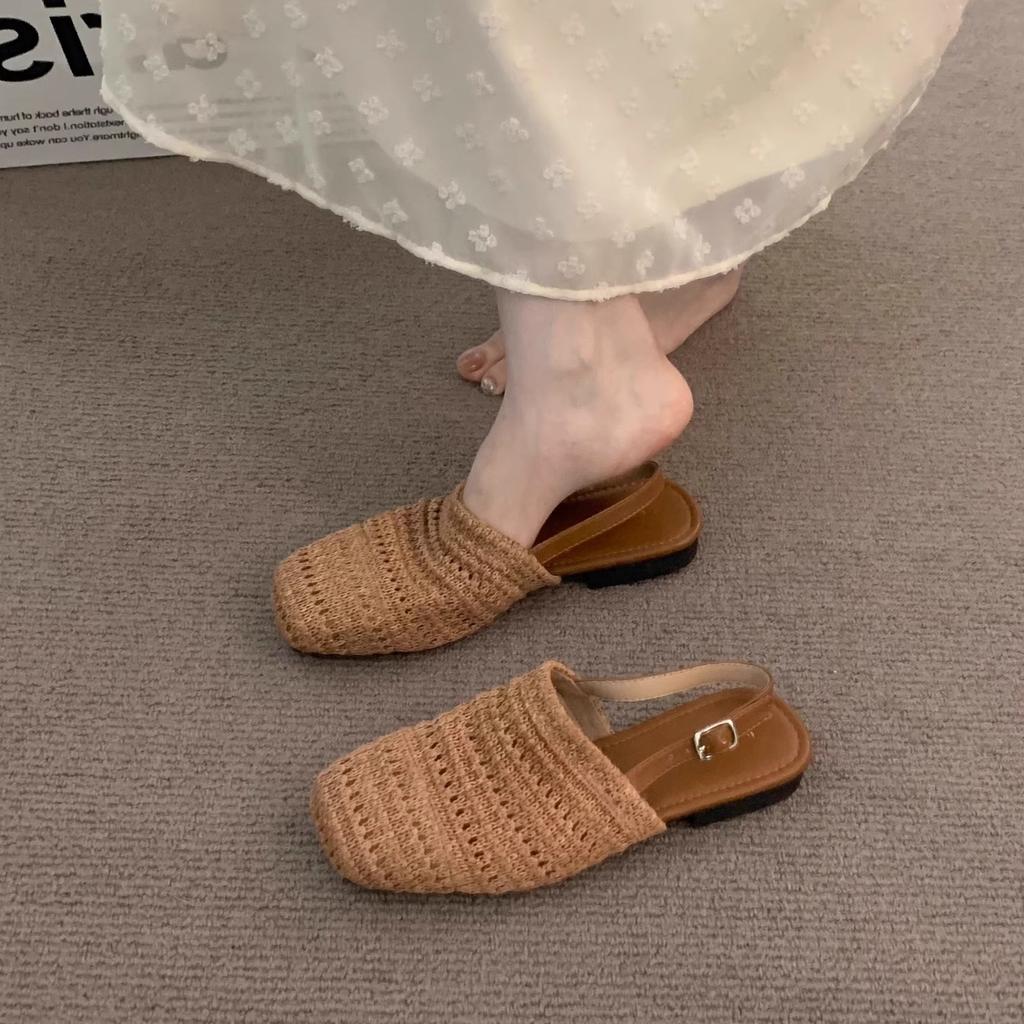 Sheepskin version~ niche French one-word cool slippers women's open-toed square head temperament Roman shoes flat beach shoes